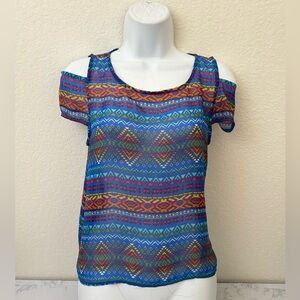 Sally Miller Short Sleeve Cold Shoulder Top Girls XL 14-15 Blouse Geometric​​